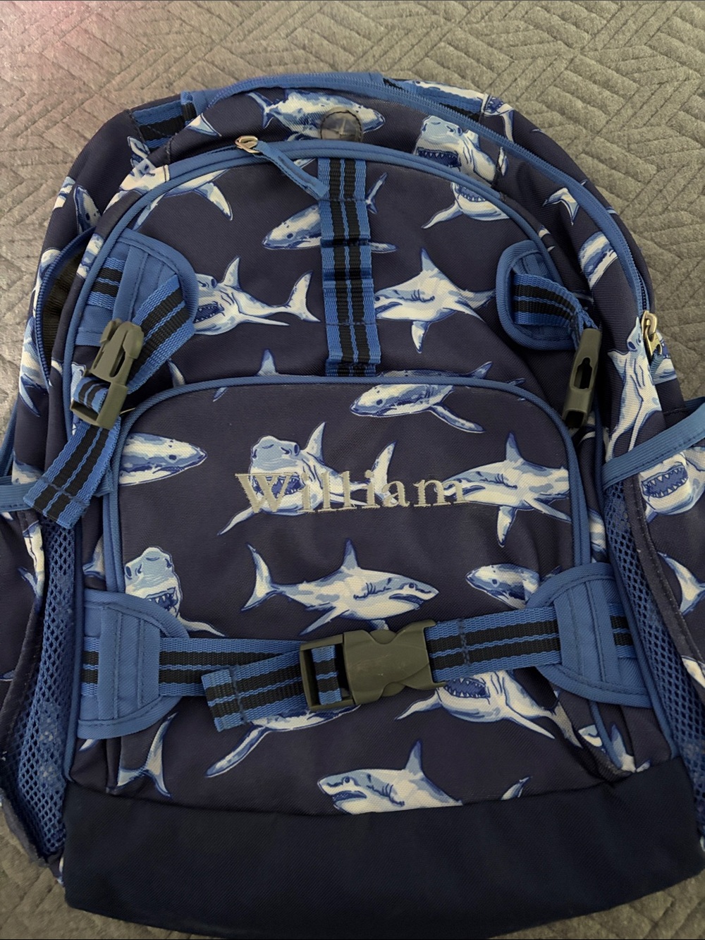 Pottery Barn Kids Navy and Light Blue Shark Print Backpack Personalized William